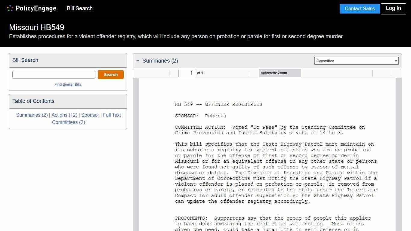 HB549 | Missouri 2023 | Establishes procedures for a violent offender registry, which will include any person on probation or parole for first or second degree murder - Legislative Tracking | PolicyEngage